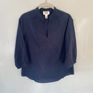 Talbots Petite Deep V Tunic top Pleated Accent Buttoned Cuff  Navy Blue P Medium